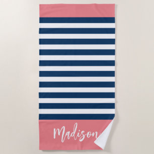 Preppy Nautical Stripe Navy Pink Calligraphy Beach Towel