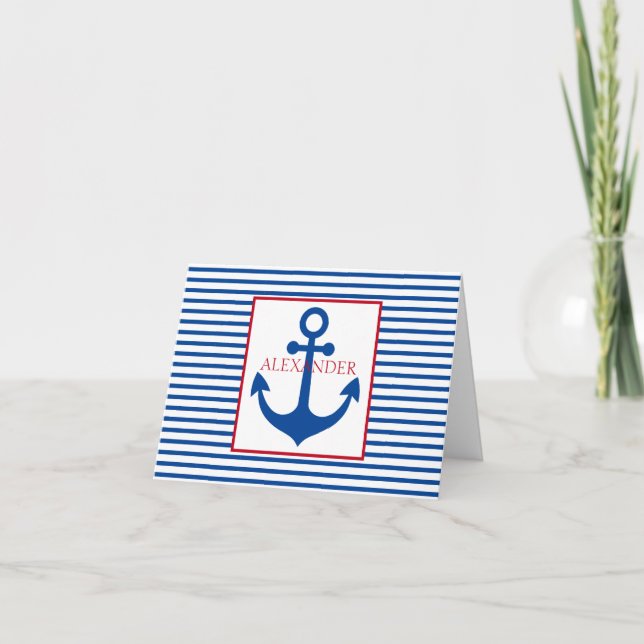 Preppy Nautical Stripes and Anchor Personalised Note Card (Front)