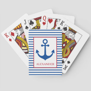 Preppy Nautical Stripes and Anchor Personalised Playing Cards