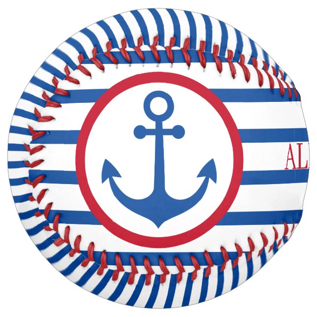 Preppy Nautical Stripes and Anchor Personalised Softball (Front Left)