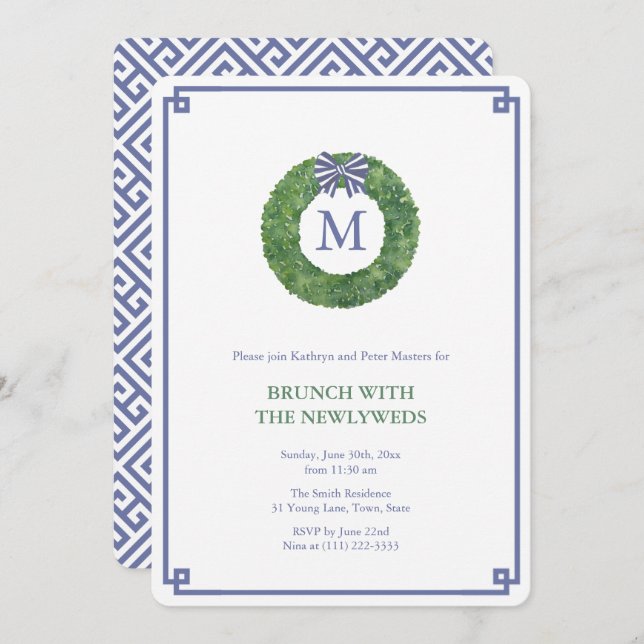 Preppy Navy And Green Newlyweds Brunch Party Invitation (Front/Back)