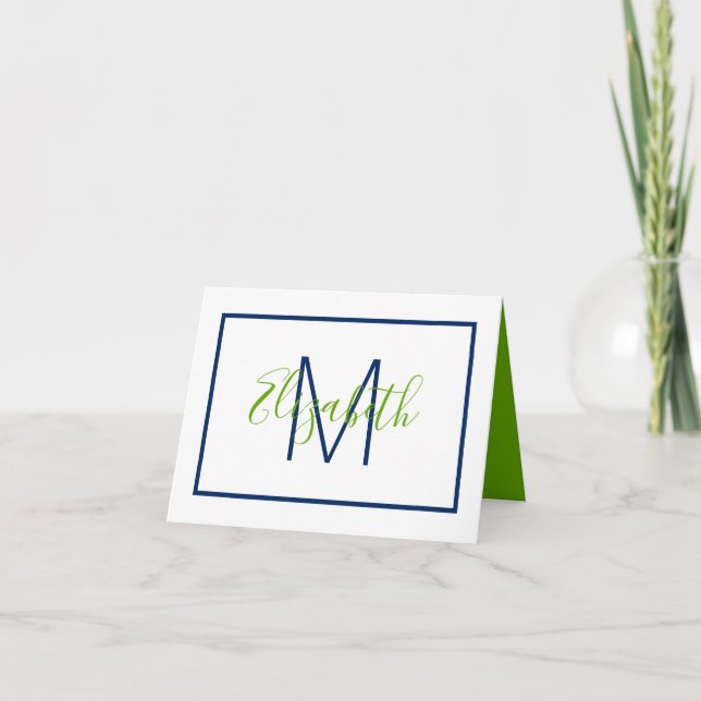 Preppy Navy Blue and Green Monogram Note Card (Front)