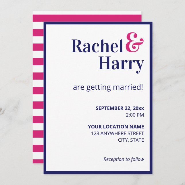 Preppy Navy Blue Border & Hot Pink Stripes Wedding Invitation (Front/Back)