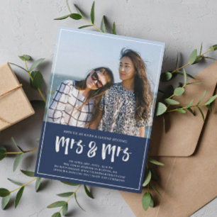 Preppy Navy Blue Mrs Mrs Brush Script Wedding Invitation