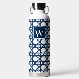 Preppy Navy Blue Rattan Cane Lattice Monogram Water Bottle