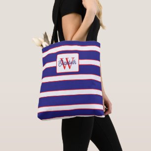 Preppy Navy Blue Red and White Stripes Monogram Tote Bag