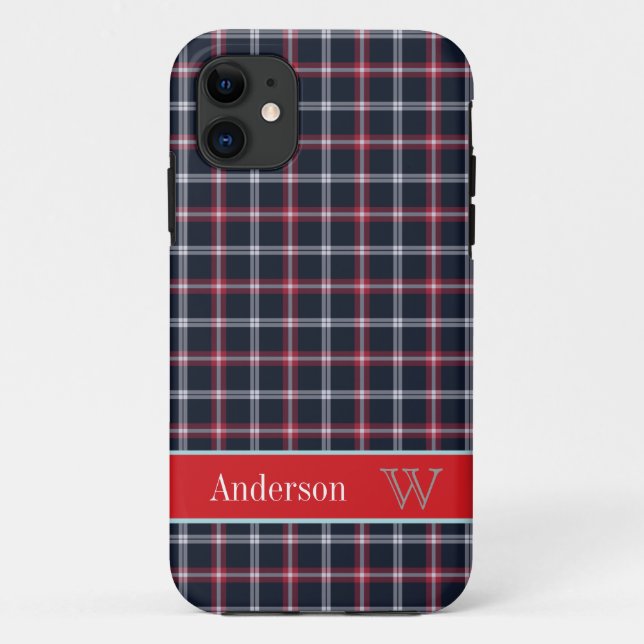 Preppy Navy Blue & Red plaid pattern iPhone 5 case (Back)