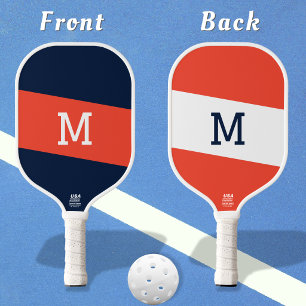 Preppy Navy Blue Red Striped Monogram Initial Pickleball Paddle