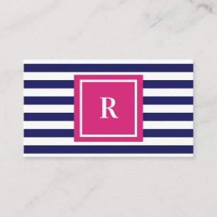 Preppy Navy Blue Stripes & Hot Pink Monogram Business Card