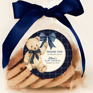 Preppy Navy Blue Tartan Teddy Bear Boy Baby Shower Classic Round Sticker
