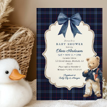 Preppy Navy Blue Tartan Teddy Bear Boy Baby Shower