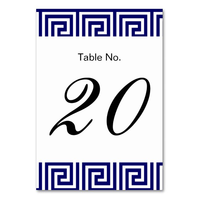 Preppy Navy Blue White Greek Key Pattern Table Number (Front)