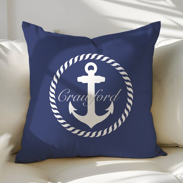 Preppy Navy Blue & White Nautical Anchor Monogram Cushion (Creator Uploaded)