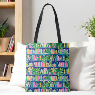 =Preppy Navy Bookcase / Books & Green Plants Tote Bag