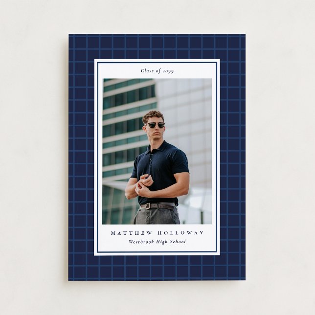 Preppy Navy Grid One Photo Graduation Announcement (Creator Uploaded)
