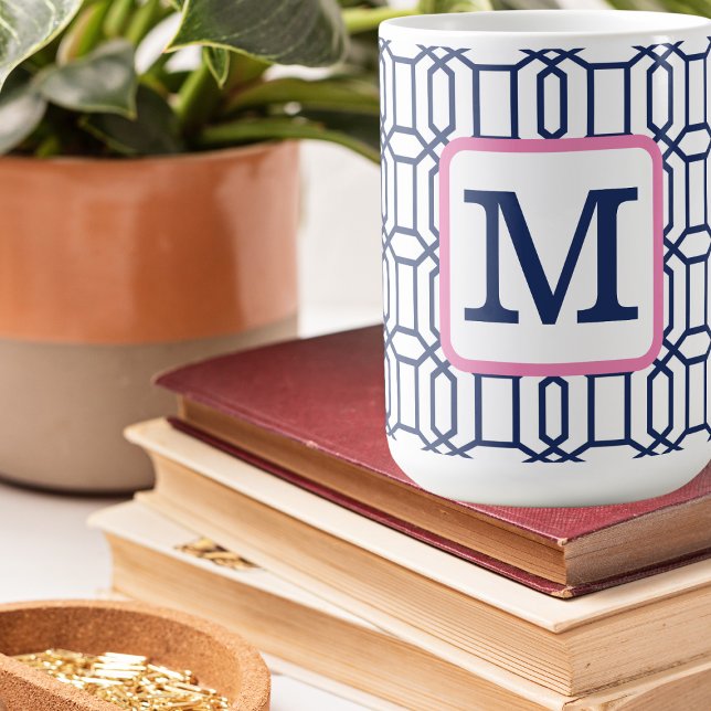 Preppy Navy Octagon Pattern Monogram Coffee Mug (Creator Uploaded)