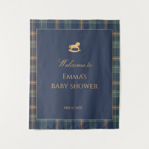 Preppy Navy Plaid Baby Shower with Rocking horse Tapestry