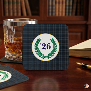 Preppy Navy Plaid Laurel Wreath 2026 Graduation Square Paper Coaster