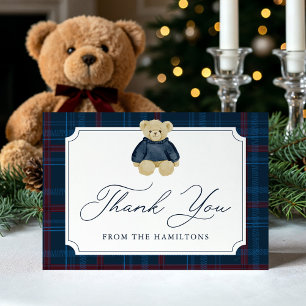 Preppy Navy Plaid Teddy Bear Baby Shower Thank You Card