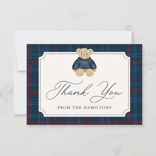 Preppy Navy Plaid Teddy Bear Baby Shower Thank You Card (Front)
