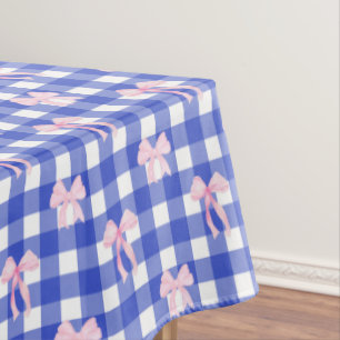 Preppy Navy Plaid with Pink Watercolor Bows  Tablecloth