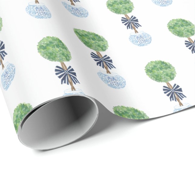 Preppy Navy White Boxwood Topiary Ginger Jar Wrapping Paper (Roll Corner)