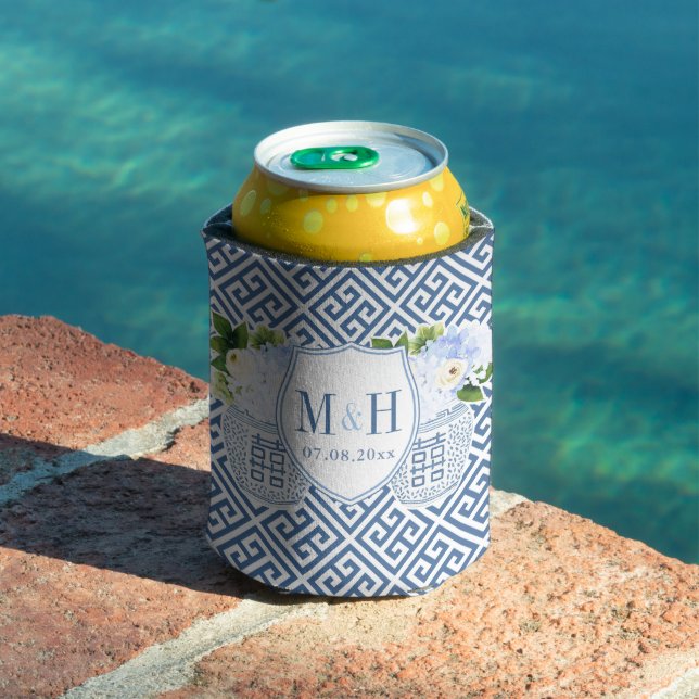 Preppy Navy White Floral Wedding Monogram Favour Can Cooler (In Situ Pool)