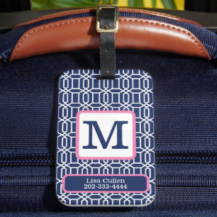 Preppy Navy White Octagon Monogram Custom Luggage Tag