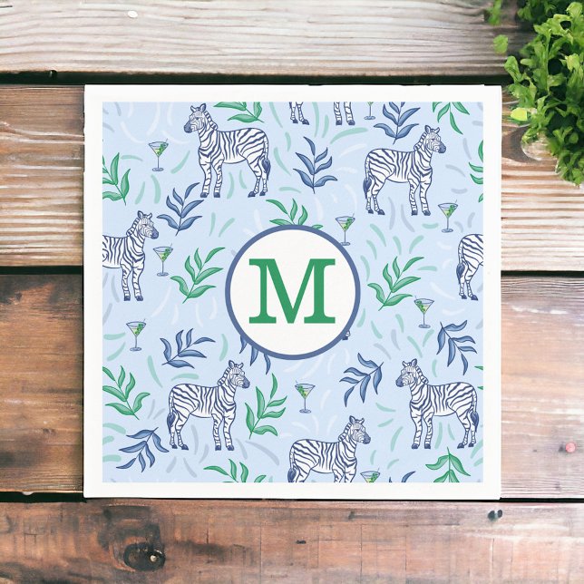 Preppy Navy Zebra Martinis Blue Monogram  Napkin (Creator Uploaded)