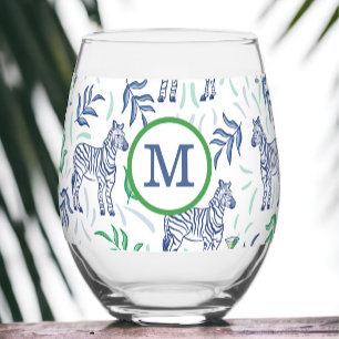 Preppy Navy Zebra Martinis White Monogram  Stemless Wine Glass