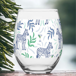 Preppy Navy Zebra Martinis White Stemless Wine Glass