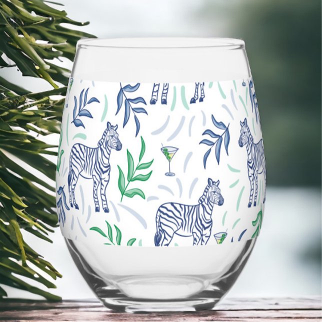 Preppy Navy Zebra Martinis White Stemless Wine Glass (Creator Uploaded)