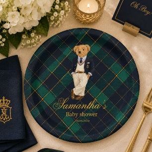 Preppy Old Money Teddy Bear Baby Shower  Paper Plate