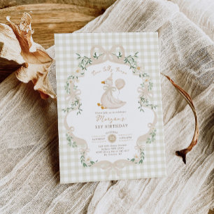 Preppy One Silly Goose Neutral Bow 1st Birthday Invitation