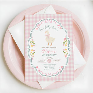 Preppy One Silly Goose Pink Bow Girl 1st Birthday Invitation