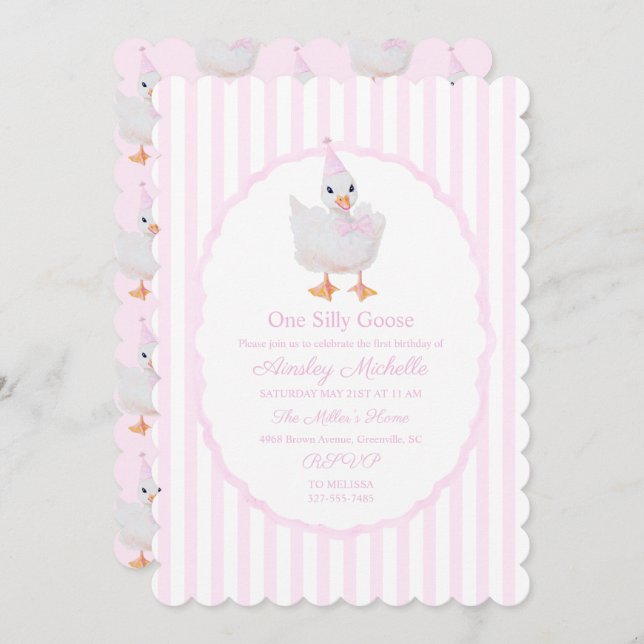 Preppy One Silly Goose Pink Invitation (Front/Back)