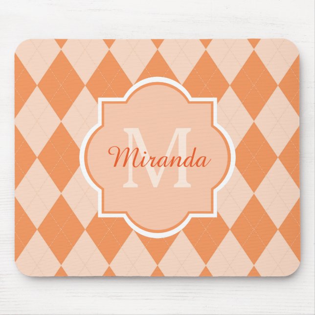 Preppy Orange Argyle Girly Monogram and Name Mouse Pad (Front)