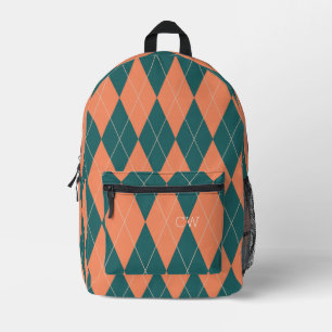 Preppy Orange Green Argyle Print Monogram Initials Printed Backpack