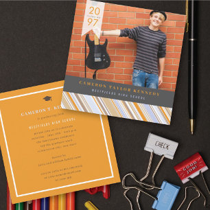 Preppy Orange Pin Stripes Photo Graduation Party Invitation