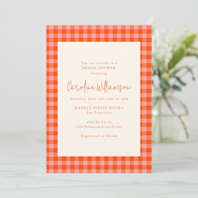 Preppy Orange Pink Gingham Plaid Bridal Shower Invitation (Standing Front)