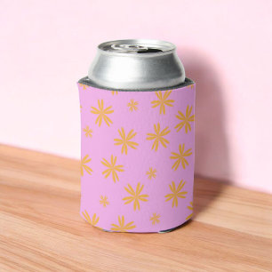 Preppy Orange Pink Hippie Flower Pattern Can Cooler