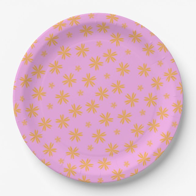 Preppy Orange Pink Hippie Flower Pattern Paper Plate (Front)