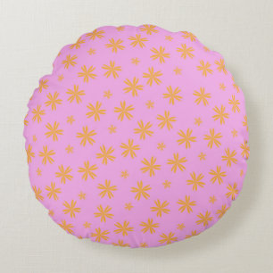 Preppy Orange Pink Hippie Flower Pattern Round Cushion