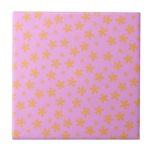 Preppy Orange Pink Hippie Flower Pattern Tile