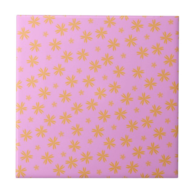 Preppy Orange Pink Hippie Flower Pattern Tile (Front)