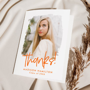 Preppy Orange Script Photo Graduation Thank You Card