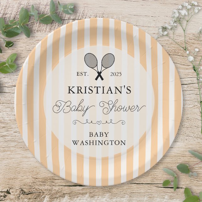 Preppy Orange Tennis Country Club Baby Shower Paper Plate (elegant orange tennis theme stripes baby shower paper plate with preppy chic personalization names)