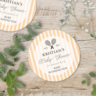 Preppy Orange Tennis Country Club Baby Shower Round Paper Coaster
