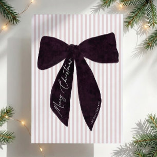 Preppy Oversized Plum Velvet Bow Striped Christmas Holiday Card