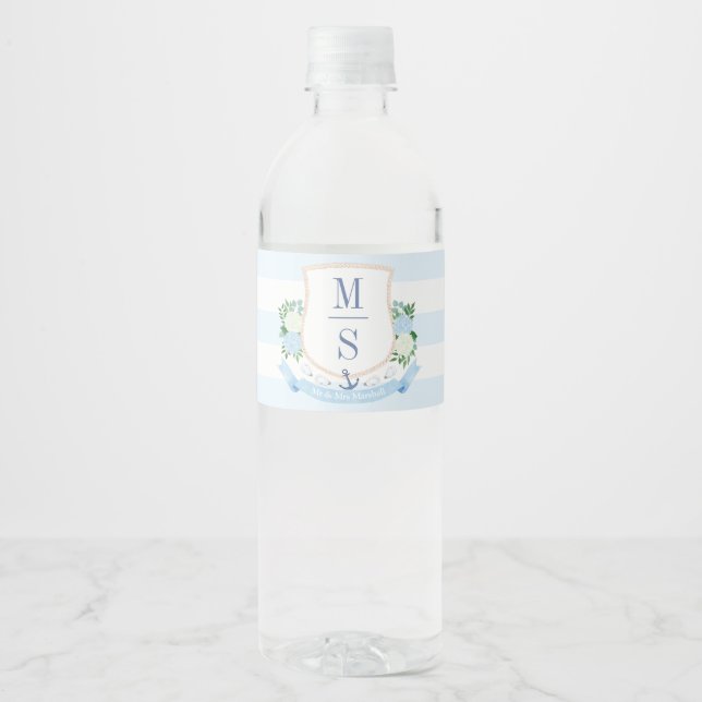 Preppy Pale Blue Coastal Monogram Wedding Shower Water Bottle Label (Front)